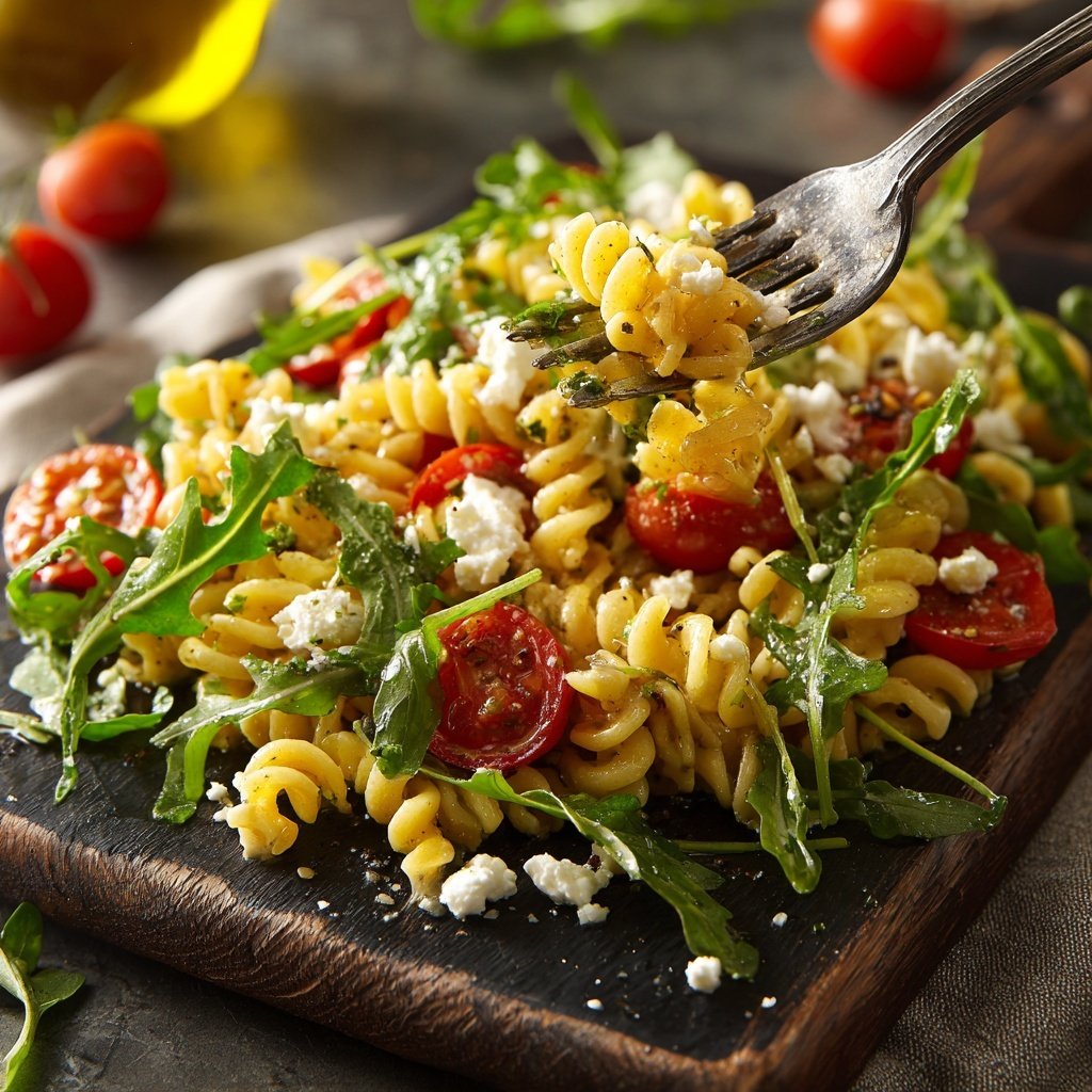 Mediterraner Nudelsalat Mit Rucola Blättern